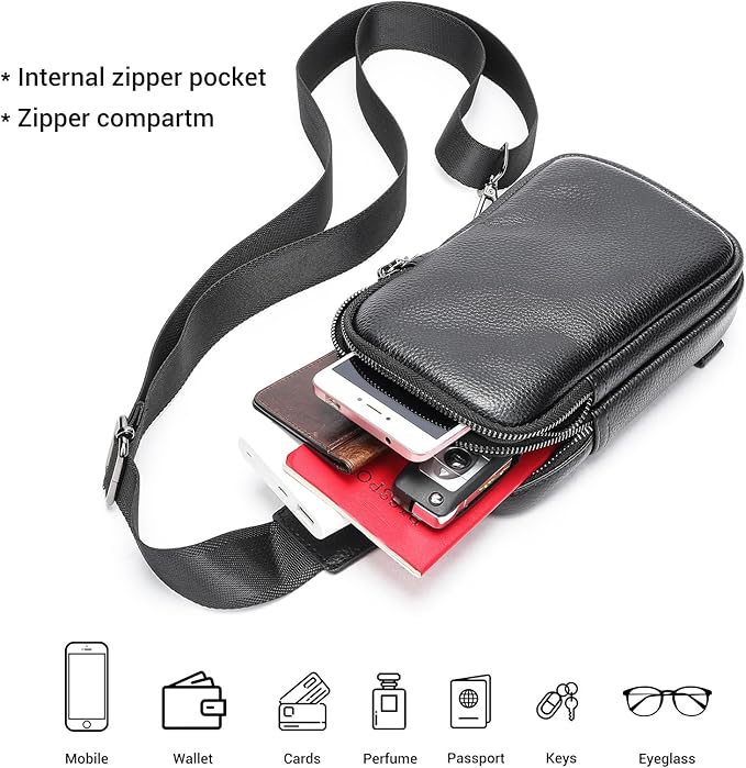 Small Sling Bag Leather Crossbody Bags Mini Fanny Pack for Women Men Travel Cross Body Shoulder Purse Black