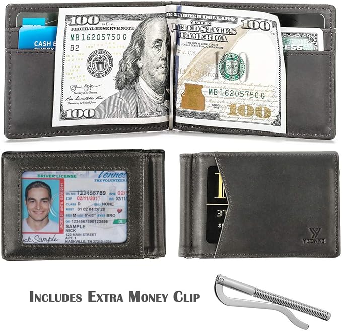 YBONNE Mens Slim Wallet with Money Clip Front Pocket RFID Blocking Thin Bifold Leather Card Holder Minimalist Mini Billfold