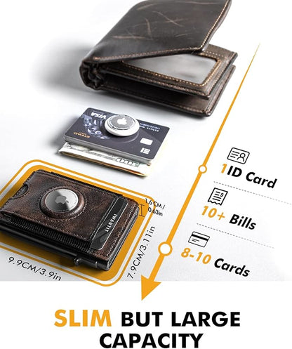 iwantit Slim Airtag Wallet for Men: Pop Up Bifold Wallet with Detachable Money Clip ID Window for Air Tag(1st & 2nd Generation) - RFID Blocking for 8-10 Cards Cash - Gift Box Included (Dark Brown)