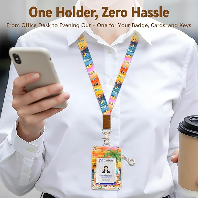 Tropical Leather Badge Holder with Zipper Pocket, Beautiful Work Lanyards and 1 Zip Pocket, 4 Card Slots, Breakaway Lanyards with Metal Clasp for Offices, Staff, Adult, Employees