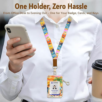 Tropical Leather Badge Holder with Zipper Pocket, Beautiful Work Lanyards and 1 Zip Pocket, 4 Card Slots, Breakaway Lanyards with Metal Clasp for Offices, Staff, Adult, Employees