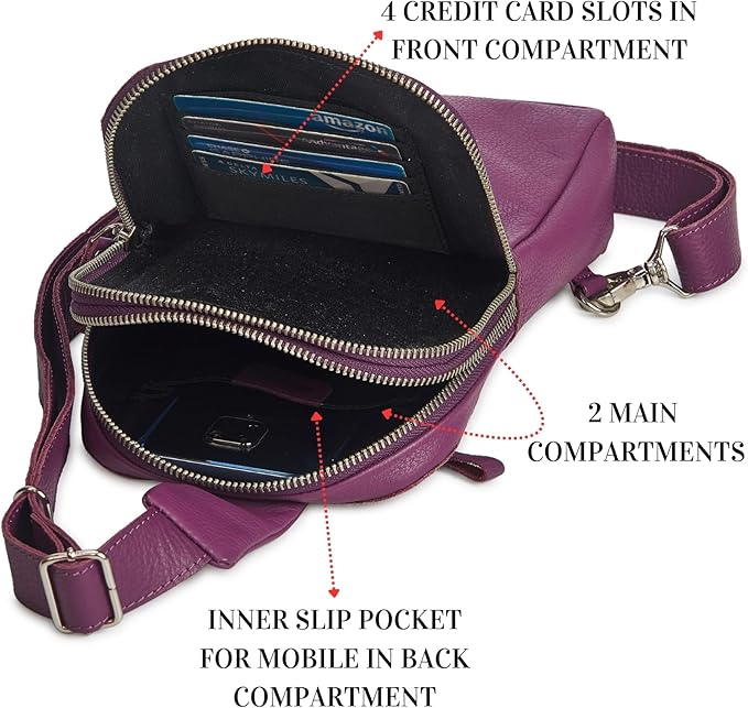 Leather Sling Bag for Women Genuine Crossbody Purse Small Trendy Cross Over Chest with Phone and Credit Card Slots (Amethyst Nappa)