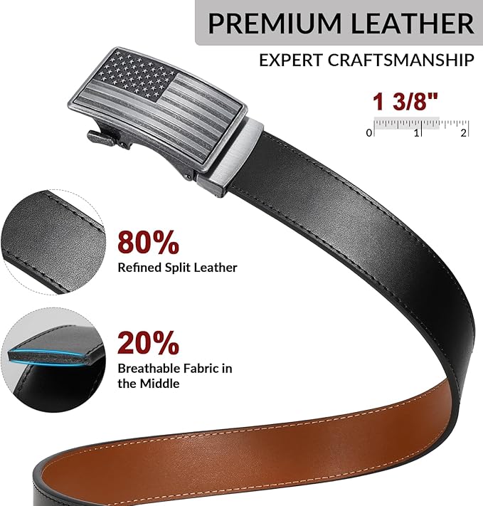SANSTHS Mens Ratchet Belts Leather 1 3/8" for Men Dress and Casual, Adjustable Click Belts with American Flag Buckles
