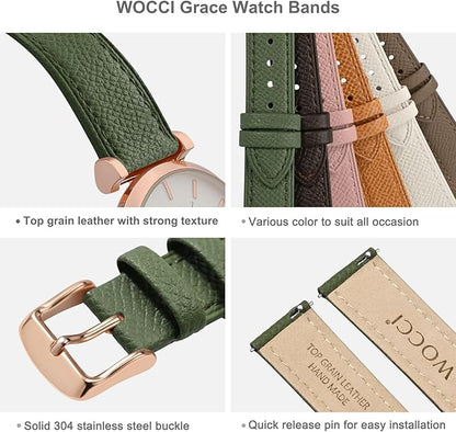 WOCCI 18mm Grace Leather Watch Band for Ladies, Top Grain Leather, Quick Release Replacement Strap with Rose Gold Buckle (Reseda Green)