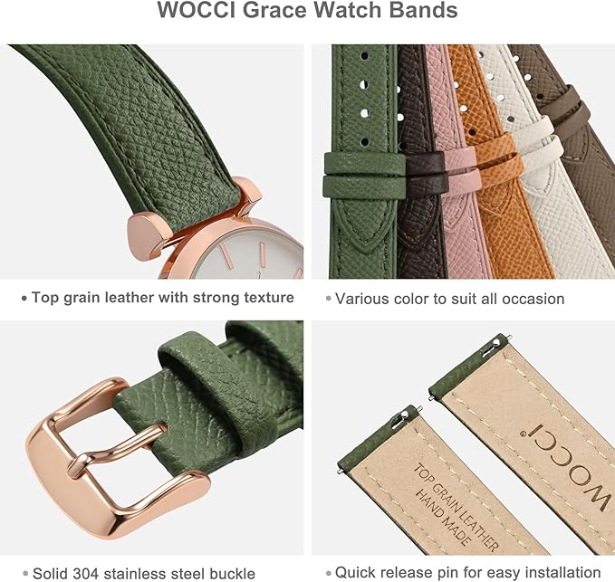 WOCCI 20mm Grace Leather Watch Band for Ladies, Top Grain Leather, Quick Release Replacement Strap with Rose Gold Buckle (Reseda Green)