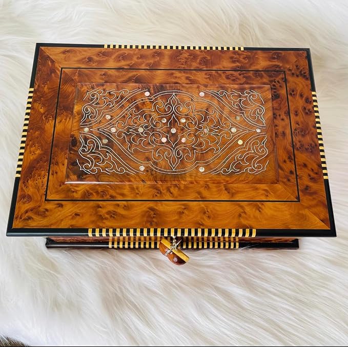 Hand Carved Wooden Box With lid Keepsake Box Storage Jewelry Decor Art Organizer Thuya Burl and Inlaid with Ebony and Mother of Pearl(Vintage Decorative Wood Box,)(Luxury Moroccan Wooden Box)