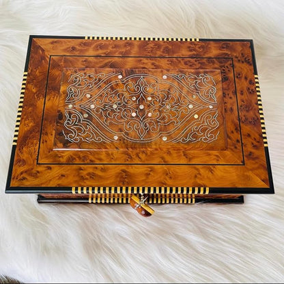 Hand Carved Wooden Box With lid Keepsake Box Storage Jewelry Decor Art Organizer Thuya Burl and Inlaid with Ebony and Mother of Pearl(Vintage Decorative Wood Box,)(Luxury Moroccan Wooden Box)