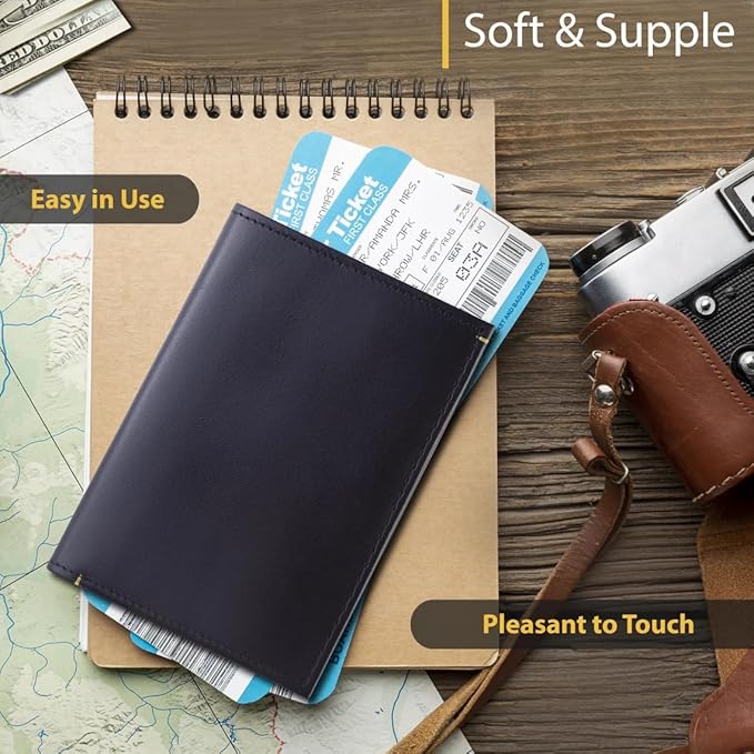 Leather Passport Holder for Men & Women – Genuine Leather RFID Travel Wallet – Slim Handmade Passport Cover with Card Slots & Document Pockets – Bicolor Black & Yellow Design