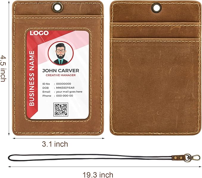 Boshiho Vertical Style Cowhide Leather ID Card Badge Holder with Heavy Duty Lanyard (Crazy Horse Leather)