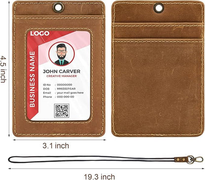Boshiho Vertical Style Cowhide Leather ID Card Badge Holder with Heavy Duty Lanyard (Crazy Horse Leather)