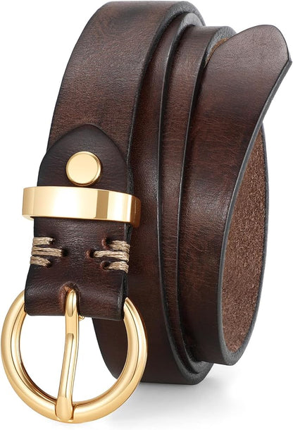 SANSTHS Womens Genuine Leather Belts for Jeans Pants Trendy Vintage Thin Leather Belt Gold Buckle Ladies Skinny Waist Belt