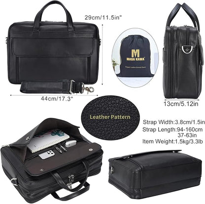 Masa Kawa Leather Briefcase for Men 15.6", 17" Laptop Computer Case Business Travel Work Messenger Cross Body Shoulder Bag