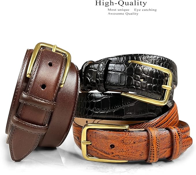 Andrew/Armando - Dress Belt Solid Brass Buckle (Gold & Silver) Genuine Full-Grain Cowhide Leather Belt 1-1/8"(30mm) Wide