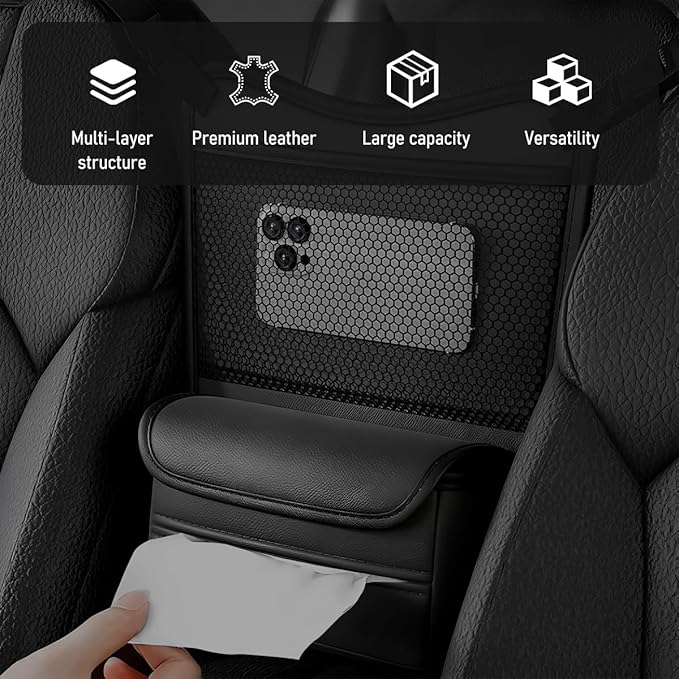 Car Organizer Storage Between Seats, Nappa Leather Front Seat Storage Bag with Tissue Holder, Automotive Console Hanging Net Pocket Handbag Holder for Phone Document (Black)