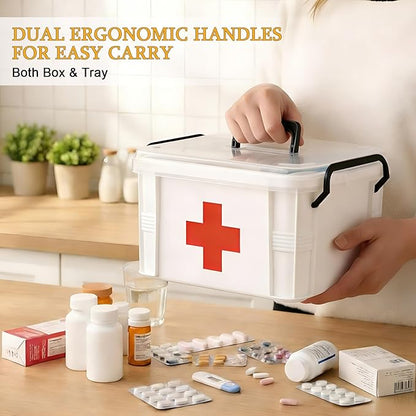 2 Pack Clear Medicine Organizer Box with Handle, Plastic Medicine Container with Tray First Aid Box Empty, Thickened Medicine Storage Organizer Multipurpose Medication Organizer Storage, White