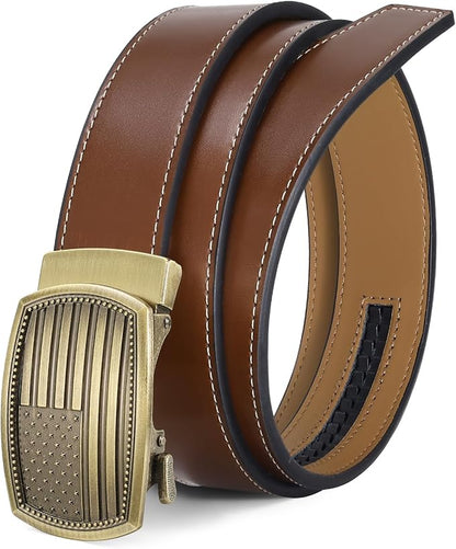 SANSTHS Mens Ratchet Belts Leather 1 3/8" for Men Dress and Casual, Adjustable Click Belts with American Flag Buckles