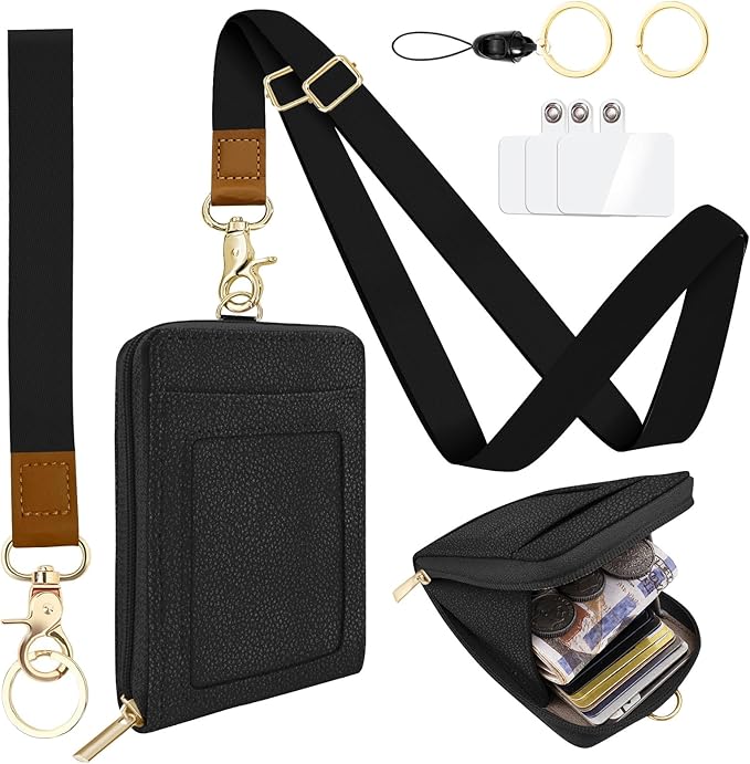 Black PU Leather ID Badge Holder with Lanyard with Keychain Phone Lanyard Wrist Strap, RFID Blocking for Office School Business Women