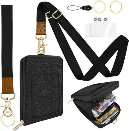 Black PU Leather ID Badge Holder with Lanyard with Keychain Phone Lanyard Wrist Strap, RFID Blocking for Office School Business Women