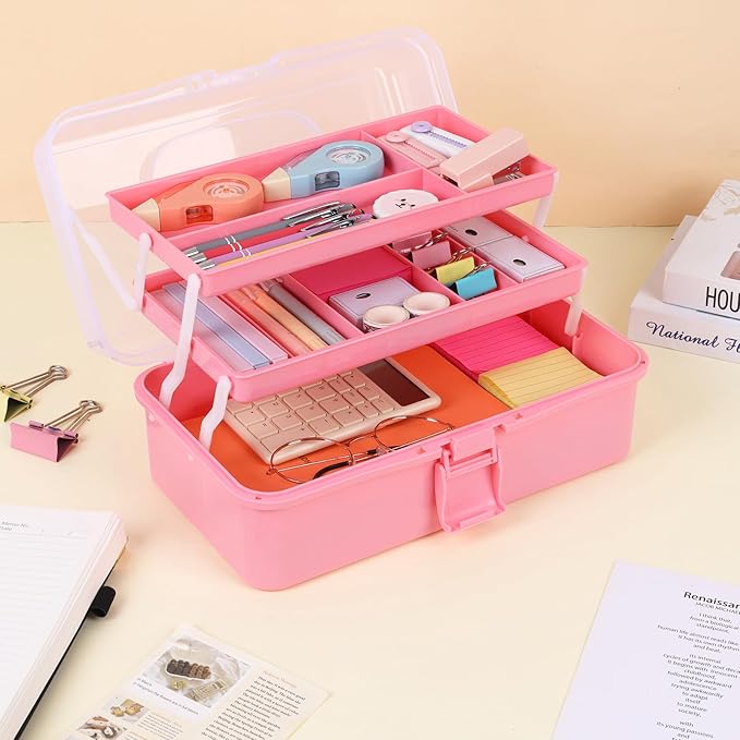 Pink Tackle Box, Craft Organizers and Storage 3-Layer Portable Folding Toolbox, Plastic Tool Box with Handle for Sewing Medicine Art Supplies, Nails and Hair Accessories 12.5inch