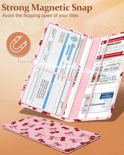 Slohif Car Registration and Insurance Holder - Cherry Vehicle Glove Box Organizer Women with Magnetic Shut Leather Automobile License Holders Coasters Auto Accessories Case for Document