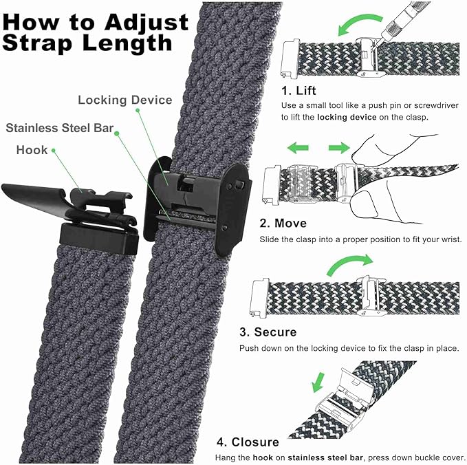 WOCCI 19mm Braided Nylon Watch Band for Men and Women, Quick Release, Black Stainless Steel Buckle (Grey)