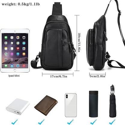 Genuine Leather Sling Bag Multi-pocket Chest Bag for Men Hiking Travel Daypack