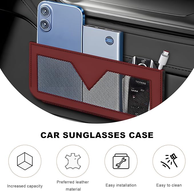 Car Sunglasses Case, PU Leather Pocket Self-Adhesive Storage Pouch for Vehicle Door Window Console, Multifunctional Vehicle Interior Organizer for Glasses Phones Wallets Keys (Wine Red)