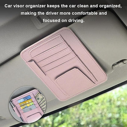 Dickno 2PCS Small Leather Car Sun Visor Organizer, Multifunctional Auto Visor Document Holder with Sunglasses Clip, Universal Car Interior Organizer for Drving License, Card, Pen (Pink)