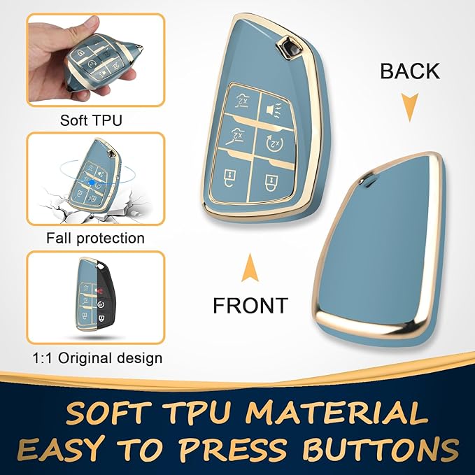 QBUC for Chevy Key Fob Cover with Keychain Soft TPU Protection Case Compatible with 2021-2026 Chevy Tahoe Suburban GMC Yukon Denali Silverado 6-Buttons(Gold Trim Blue)