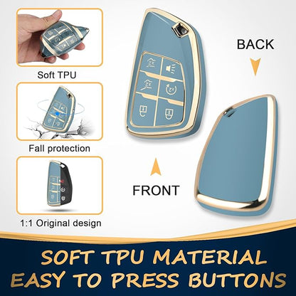 QBUC for Chevy Key Fob Cover with Keychain Soft TPU Protection Case Compatible with 2021-2026 Chevy Tahoe Suburban GMC Yukon Denali Silverado 6-Buttons(Gold Trim Blue)