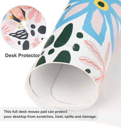 QiyI Floral Large Mouse Pad, Cute Desk Mat for Desktop, Women Girls Desk Accessories Office Décor, PU Leather Waterproof Big Gaming Mousepad, Doodle Flowers Desk Pad Computer Mat, 31.5" x 15.7"