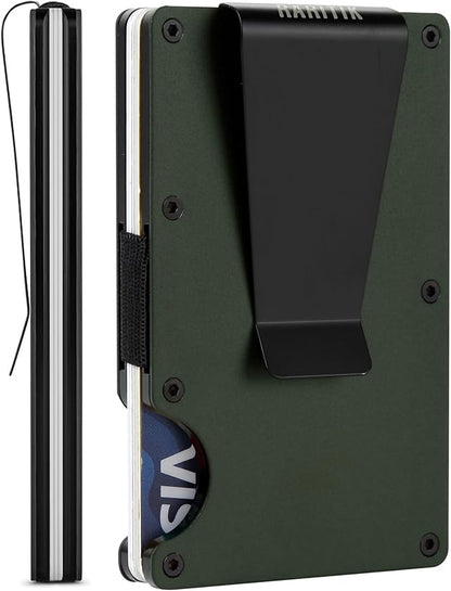 Minimalist Carbon Fiber Wallet for Men, Money Clip Cash Strap Wallet, RFID Blocking Metal Wallet Aluminum Card Holder,Front Pocket Wallet(Matte Green)