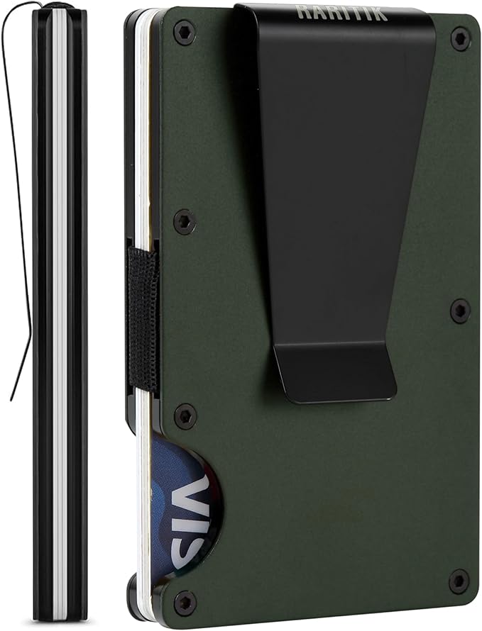 Minimalist Carbon Fiber Wallet for Men, Money Clip Cash Strap Wallet, RFID Blocking Metal Wallet Aluminum Card Holder,Front Pocket Wallet(Matte Green)
