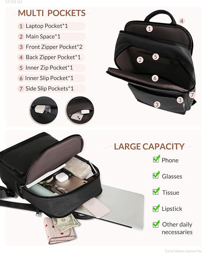 SYTRAH Leather Backpack for Women, Vintage 15.6 inch Laptop Backpack Purse for Women, College Casual Backpacks Ladies Computer Bags for Travel Business Work Pure Black