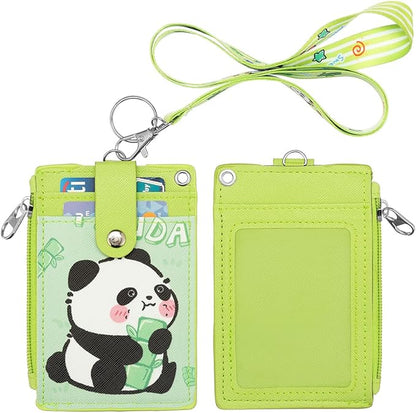 HASFINE ID Badge Holder with Lanyard,Cute Panda Work Badge with Zipper Pocket, 2-Sided Functional Card Wallet with 3 Card Slots and Detachable Keychain for Teacher Student Nurse Worker (Green)