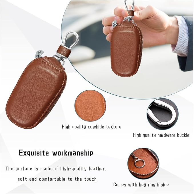 Car Key Case, Genuine Leather Auto Key Fob Cover Case, Key Fob Protector with Metal Hook, Car Smart Keychain Holder (Brown)