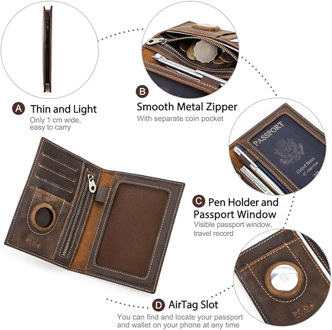 CONTACTS Full Grain Leather Passport Holder RFID Blocking Travel Passport Wallet Compatible with Airtag Passport Case Handmade with 4 Cards Slots, Coin Pocket (Brown)