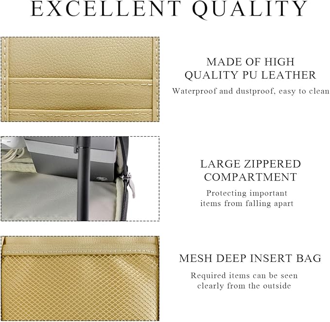 DXNQ Car Sun Visor Organizer, Double Zipper Leather Visor Storage Pouch with Multi-Pocket, Sunglass Holder Storage Pocket with Elastic Band for Cars SUVs Trucks, Car Accessories (Beige)
