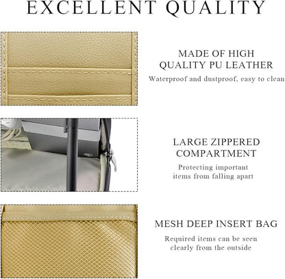 DXNQ Car Sun Visor Organizer, Double Zipper Leather Visor Storage Pouch with Multi-Pocket, Sunglass Holder Storage Pocket with Elastic Band for Cars SUVs Trucks, Car Accessories (Beige)