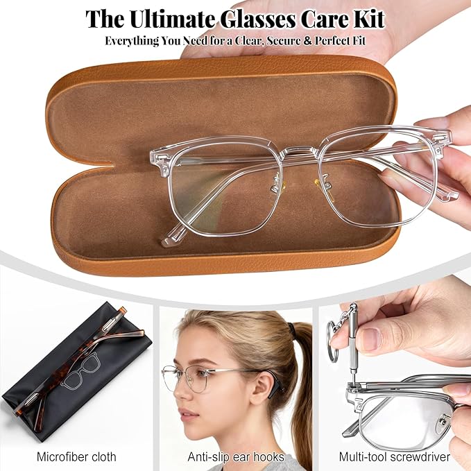 RayLove Glasses Case, 2 Pack Unisex Hard Shell Eyeglass Case PU Leather Hard Eyeglass Case with Eyewear Accessories