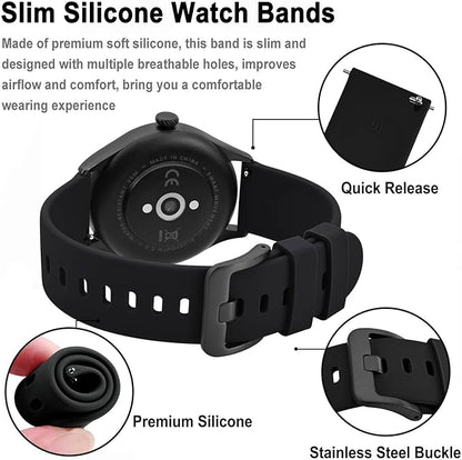BISONSTRAP Silicone Watch Bands, Slim Watch Straps with Quick Release, 20mm, Black with Black Buckle