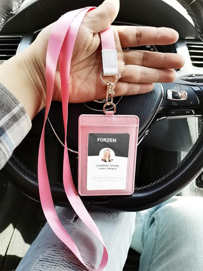 Badge Holder with Lanyard,Leather ID Card Holder,Vertical Lanyard ID Card Holder for Work Office (Pink-Bling)