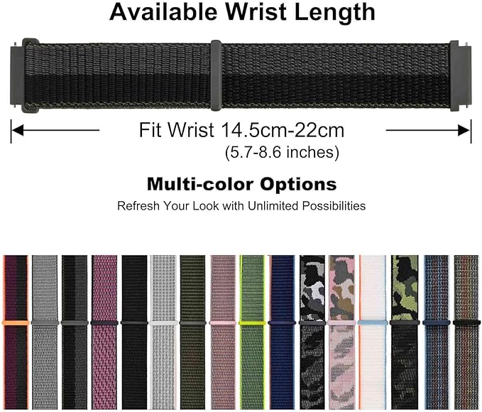 WOCCI 22mm Adjustable Nylon Watch Band, Quick Release Sport Loop Strap (Black/Grey)
