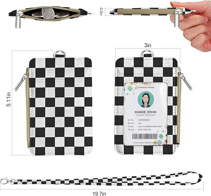 bolimoss Checkered Lanyard Wallet, Teacher Lanyard with ID Holder Small Keychain Wallet Pu Leather Slim Credit Card Holder with Breakaway Neck Strap for Key Name Tag