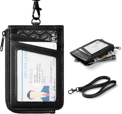 VULKIT Leather Work ID Badge Holder for Lanyard with Zipper Pocket, Work Badge Lanyard for Women and Men, Suitable for Offices Staff, Teacher, Can Hold Coins, Key, Cash, Credit Card, Jet Black