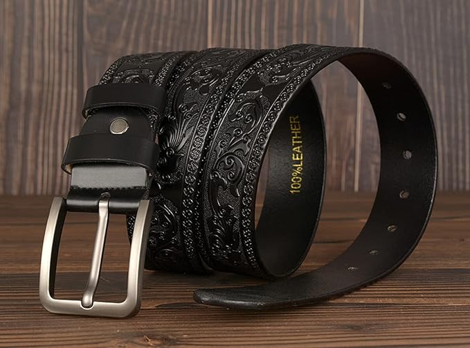 Men's Casual Genuine Leather Jeans Belts Vintage Leather Engraved Strap with Single Prong Buckle