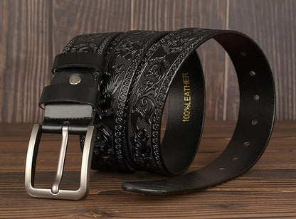 Men's Casual Genuine Leather Jeans Belts Vintage Leather Engraved Strap with Single Prong Buckle
