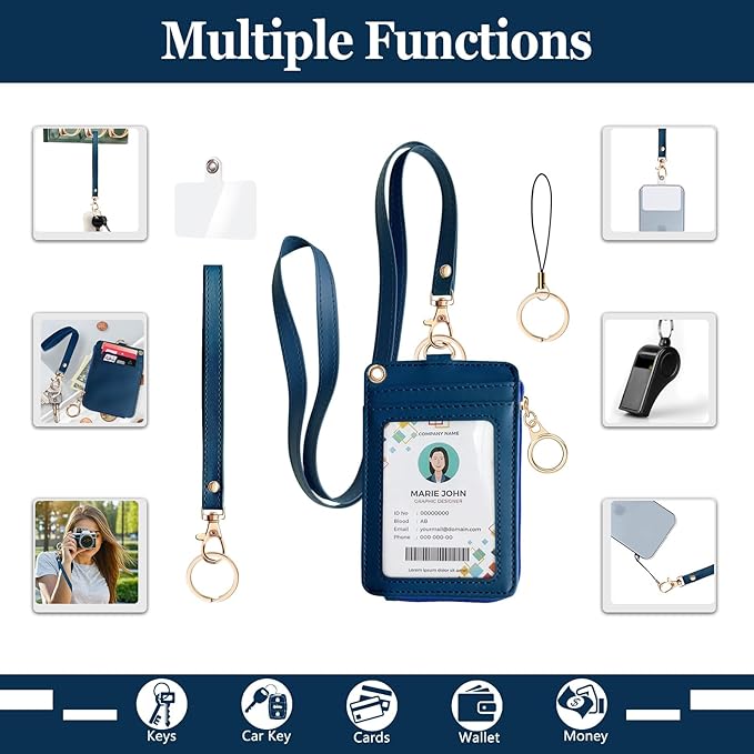 Bolimoss 2-in-1 Badge & Lanyard Wallet - Multiple Slot Leather ID Holder with Wristlet & Neck Lanyard for Cruise Ship, Credit Cards, Office/School ID, Work Name Cards - Navy Blue