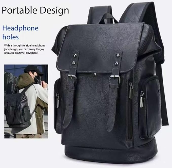 PU leather casual backpack 15.6 inches travel college work backpack business laptop backpack multi-pocket schoolbag (black3,Backpack)