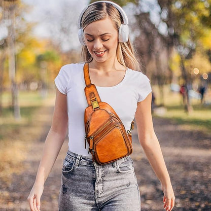 NIUCUNZH Genuine Leather Sling Bag Front Metal-Latch Crossbody Bags Handmade Vintage Chest Shoulder Backpack for Women Men